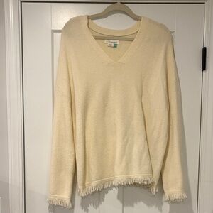 Anthropologie Cream V-Neck Sweater with Fringe